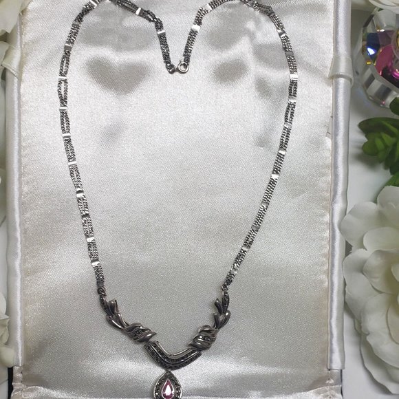 Vintage Rose Quartz Marcasite Teardrop Necklace - Picture 4 of 6